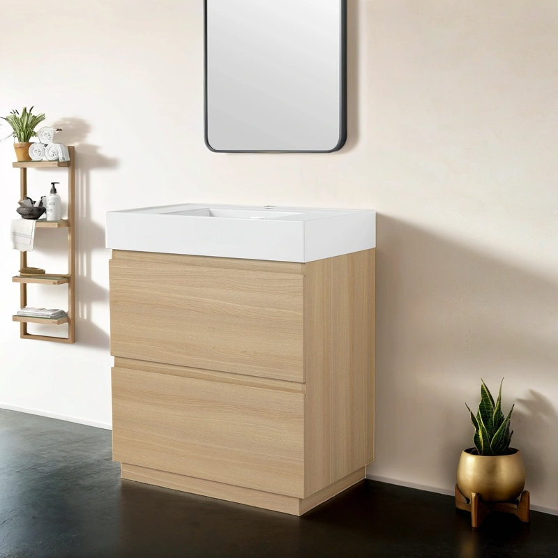 30" Freestanding Bathroom vanity with Resin Sink, Bathroom Vanity with Two Drawers, Brown, Oak