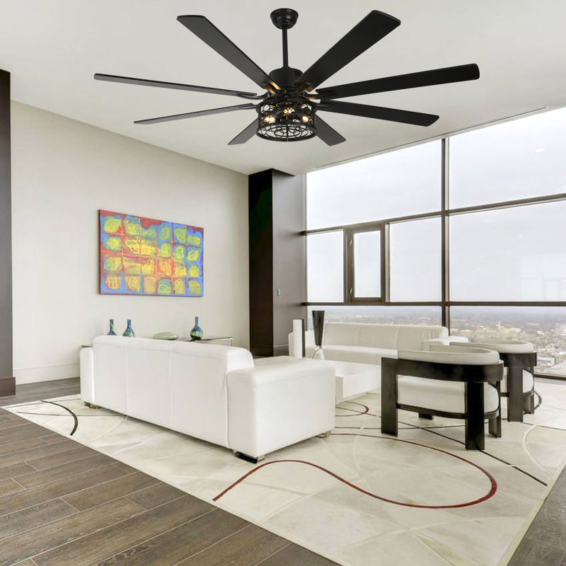 Clercq 72" Ceiling Fan with Lights Farmhouse Caged Ceiling Fan with Remote, Matte Black Reversible Extra Large Ceiling Fan