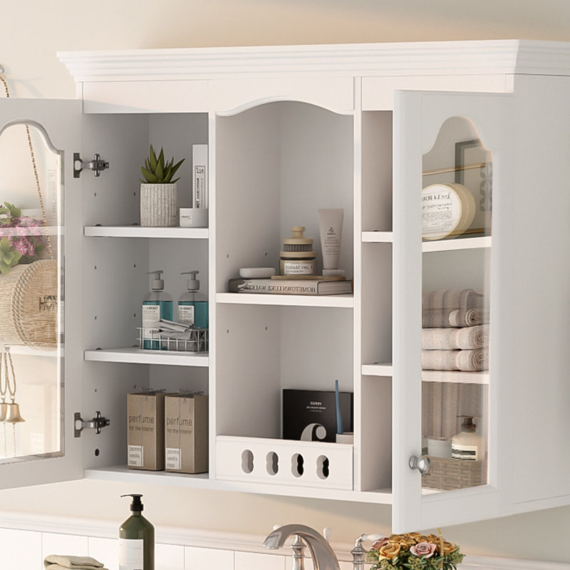 Wall Mounted Medicine Cabinet, Bathroom Wall Cabinet With 2 Glass Doors, Over The Toilet Space Saver Storage Cabinet With Ample Storage