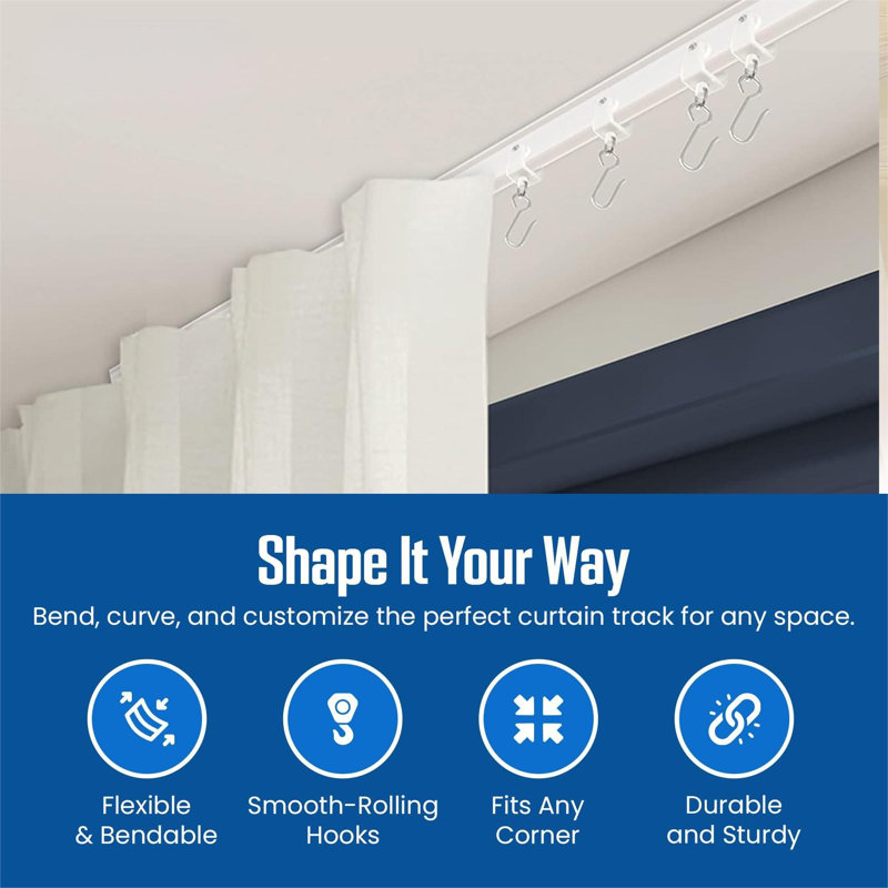Rail de rideau flexible pliable, 16,4 pi (5 m), support de plafond pour rail de rideau avec système de rideau de rail, paravent, tringle à rideaux de plafond, rail de plafond pour rideaux de véhicule récréatif, blanc