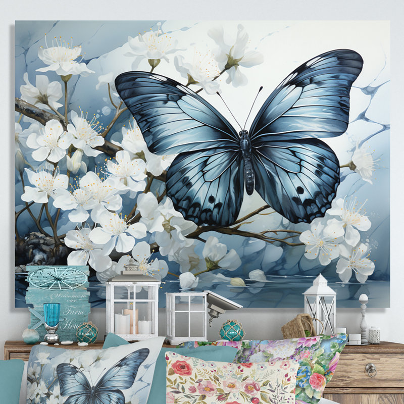 Bertena, bleu, blanc, papillon, reflet - art mural papillon, H 34 po x l 44 po, Toile tendue, Sans cadre