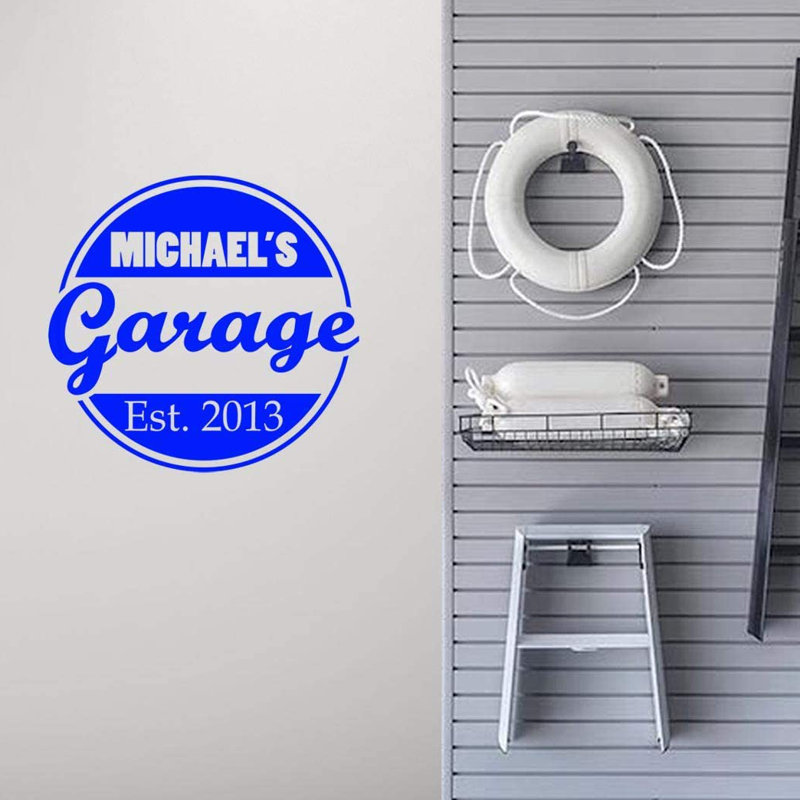 Décalcomanie murale Trinx Garage avec nom personnalisé - CS49, Bleu, H 12 po x l 12,5 po