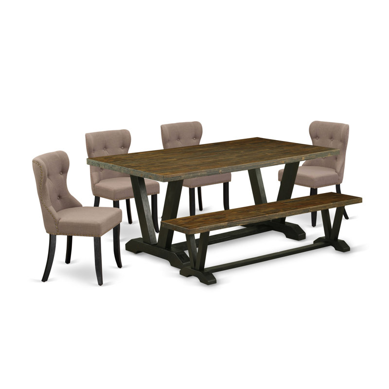 L'ensemble de salle à manger 6 pièces se compose d'une table en bois jacobine vieillie, d'un banc moderne et de 4 chaises Parson rembourrées en tissu de café - Finition noire brossée