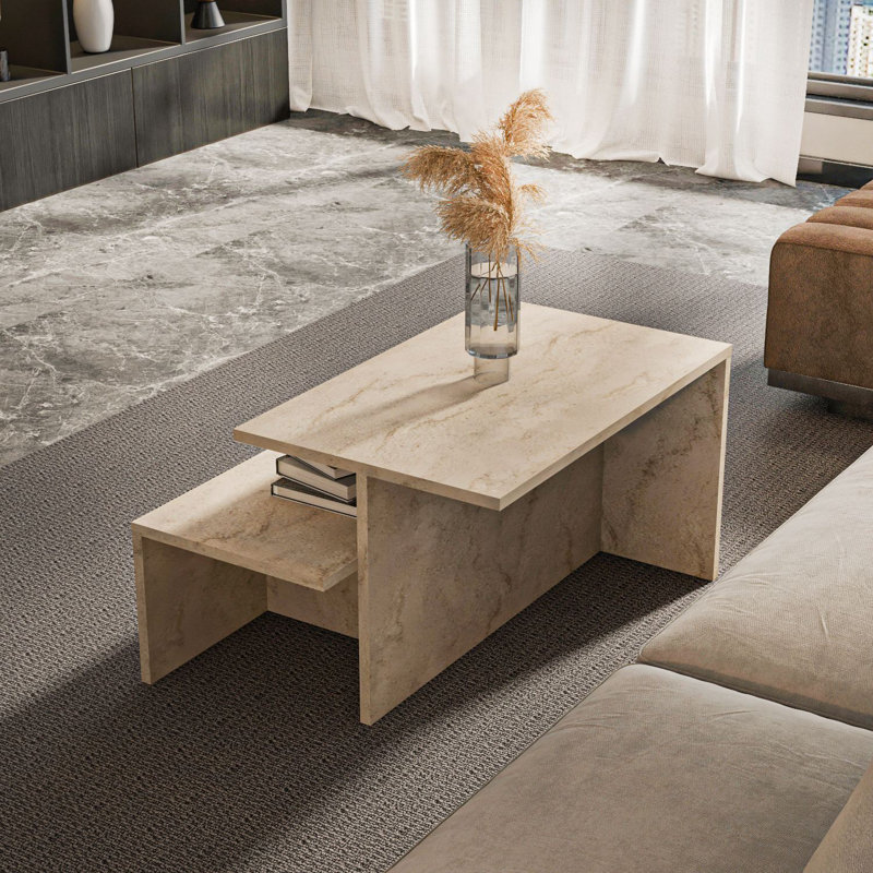 Bruce Modern Nesting Tables (2 Pieces), Travertine Marble Design, Large: 28.3 x 16.5 x 17.7 in, Small: 23.6 x 10.6 x 10.6 in | 100% Melamine Coated Particle Board, Durable & Stylish for Living Room or Office Use