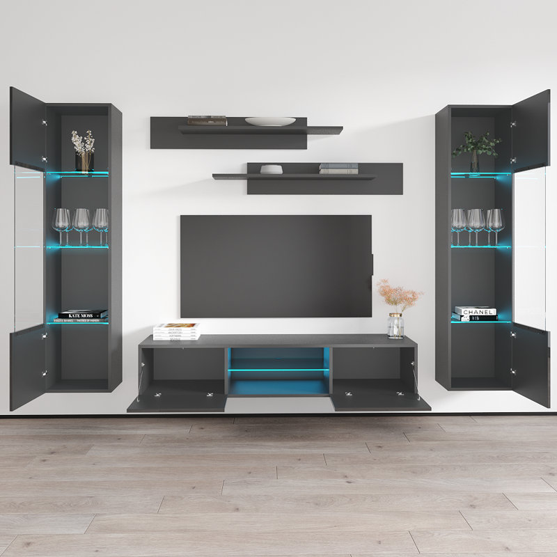 Meuble audio-vidéo mural flottant 100 "avec éclairage 16 couleurs DEL, finition brillante Entertainment, Gris