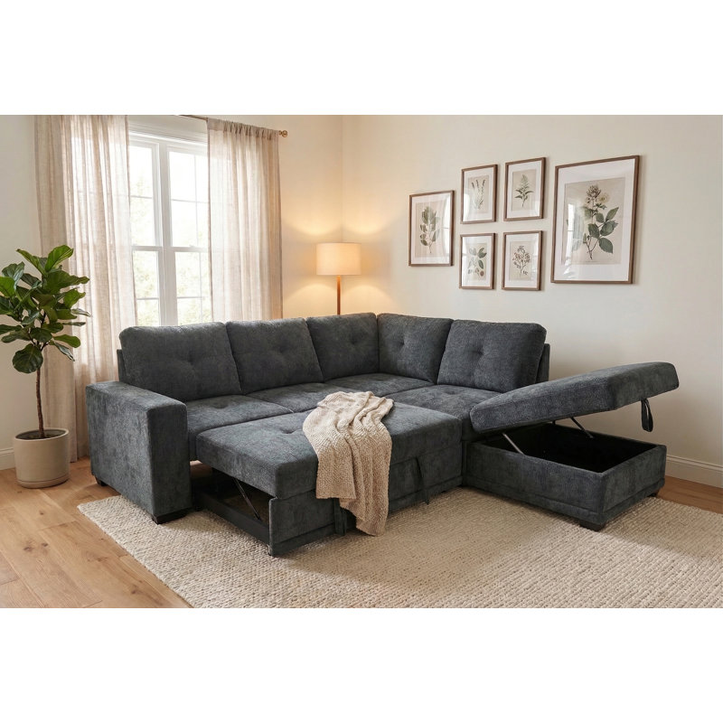 Kathy Reversible Pull-out Sleeper Sectional In Charcoal Chenille, Charcoal Polyester Blend