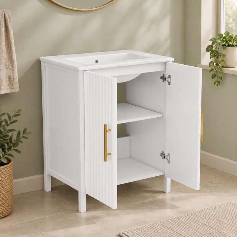 Meuble-lavabo autoportant blanc de 61 cm (24 pouces) avec panneau de porte ondulé et poignées dorées