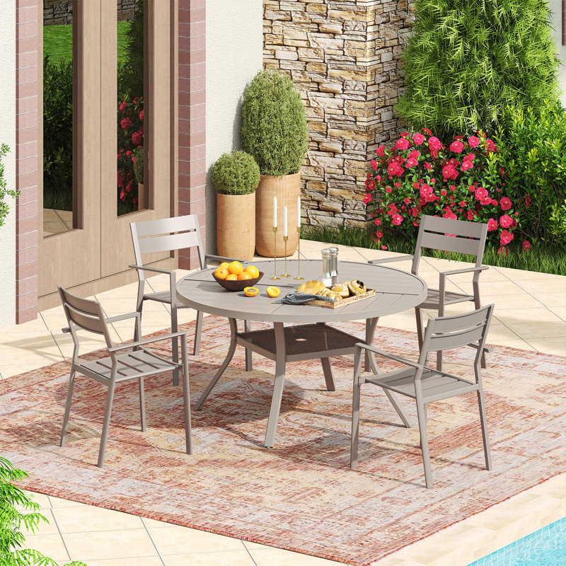 4-Person Round Patio Dining Set with Metal Dining Table and 4 Stackable Metal Armrest Chairs, Cream/Cream