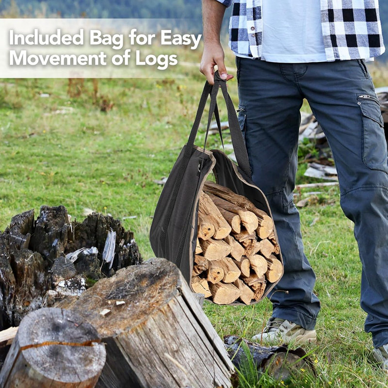 Support extérieur pour bois de chauffage avec sac de transport 600D, support en bois robuste inclus, poignées ergonomiques, support de bûches d'intérieur d'une capacité de charge de 330 lb, support de rangement pour le bois de chauffage
