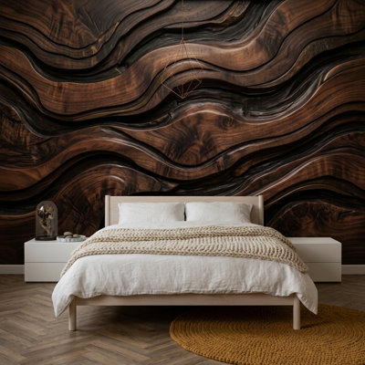 Walnut Grain Wallpaper Dark Wood 3D Carved Texture Wall Mural