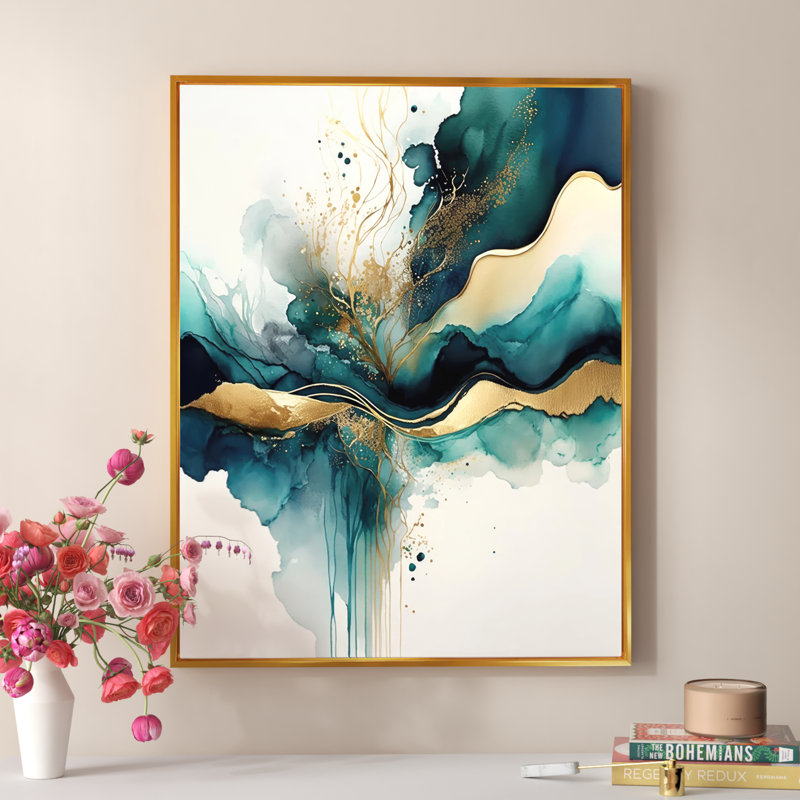 «Teal and Gold Abstract Expression III», art mural moderne sur toile, H 20 po x l 12 po, Reproduction avec cadre flottant