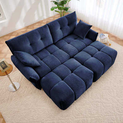 Ensemble de canapé 2 places avec 2 repose-pieds et coussins décoratifs en chenille moelleuse idéale pour un salon ou un dortoir en bleu