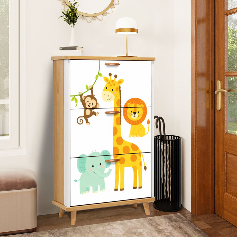 Meuble à chaussures à 3 tiroirs rabattables avec motifs d'animaux mignons de la jungle et d'animaux rigolos - Organisateur de rangement pour chaussures