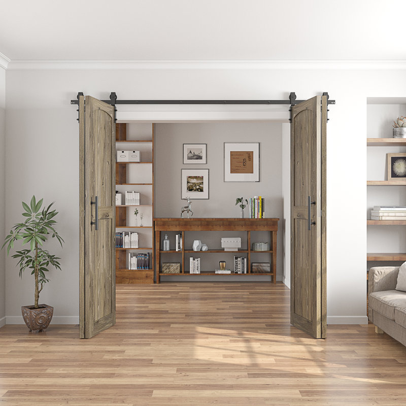 Plateau arqué assemblé de 84 po Porte de grange double pliante Knotty, 72 po x 84 po, Tonneau vieilli