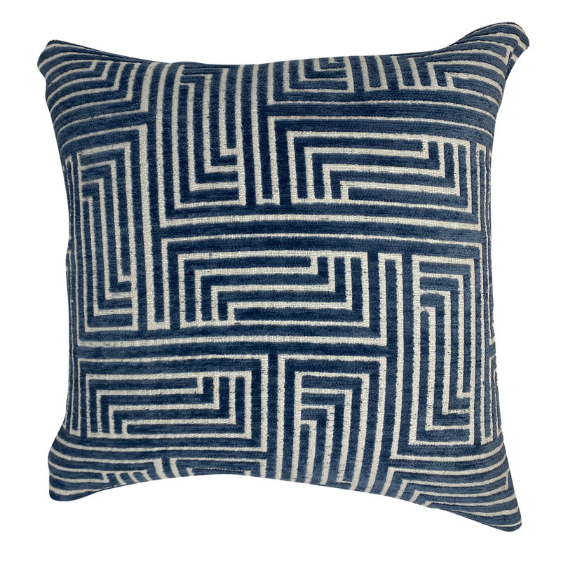 Oreiller carré bleu en mélange de labyrinthe géométrique, 18 po x 18 po