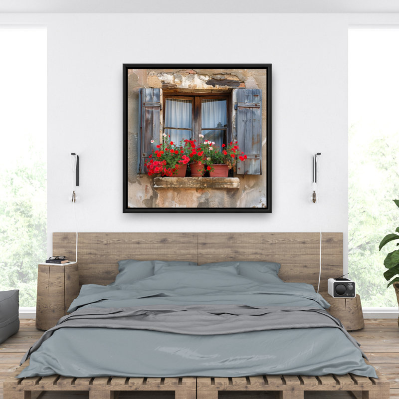 Flowers on the Ledge - Gray Framed Canvas for Home Decor
