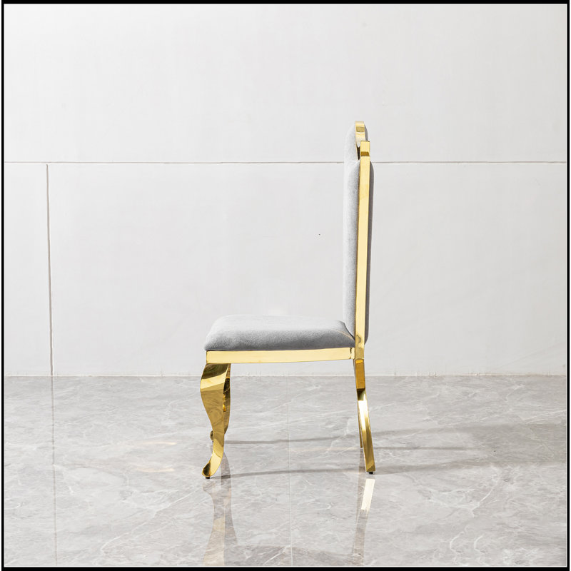 Superbe chaise de salle à manger en acier inoxydable à dossier haut en tissu gris