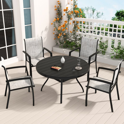 Ensemble de salle à manger 5 pièces pour patio - table ronde d'extérieur 40,6 po en métal avec 4 chaises empilables pour le jardin, la terrasse, le bord de la piscine - tissu textilène respirant résistant aux intempéries, trou de parasol réglable - design moderne noir et gris