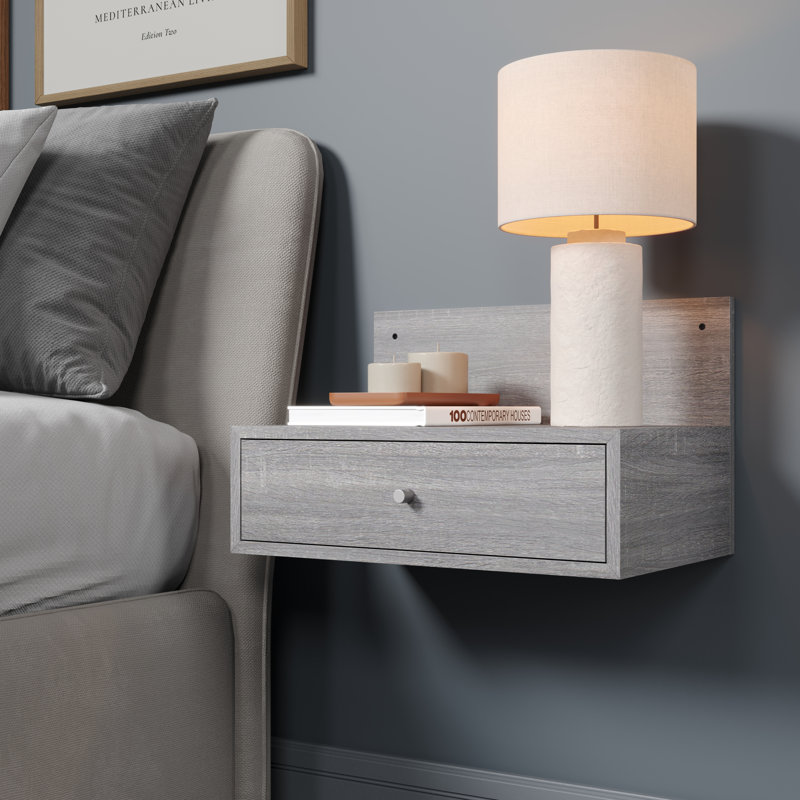 Set of 2 Floating Wall-Mounted One Drawer Bedside Tables, Compact, Grey