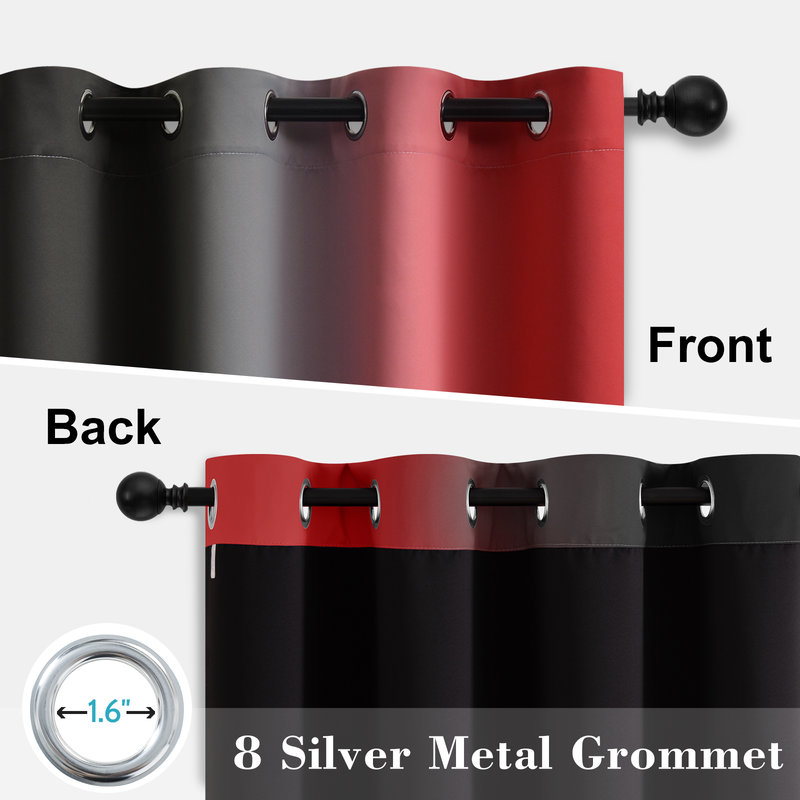 100% Blackout Ombre Curtains,Room Darkening Grommet Gradient Drapes for Bedroom, 52" W x 72" L, Red/Black