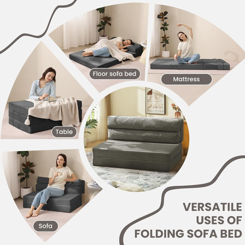 Folding Sofa Bed, Convertible Sleeper Chair With Pilow Foldable Matress, 2 In 1 Pull Out Loveseat Sofa Portable Fold Out Chair Bed Comfy Floor Couch Lounge For Living Room Bedroom,Grey