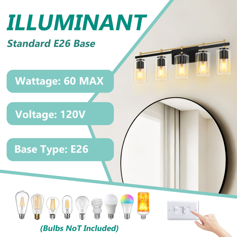 5-Light Modern Bathroom Vanity Light | Black And Gold Finish With Clear Glass Shades, 5 Lights, Black-Gold