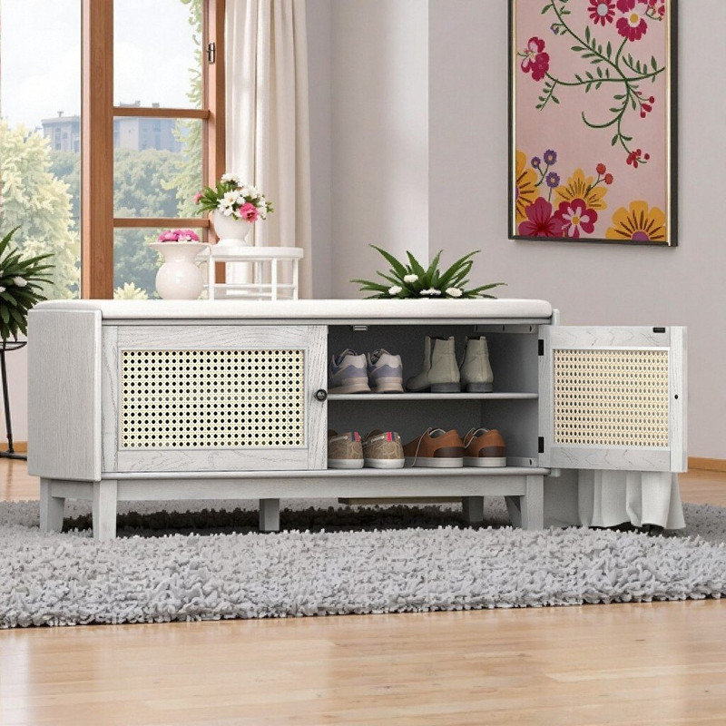 Banc de rangement avec portes en rotin, structure en bois de pin, coussin amovible et tablettes réglables, Beige, gris délavé
