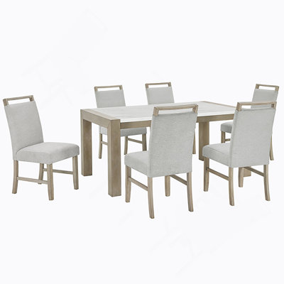 7-Piece Rectangular Dining Set With White Faux Marble Top & Light Oak Legs For Dining Room & Kitchen