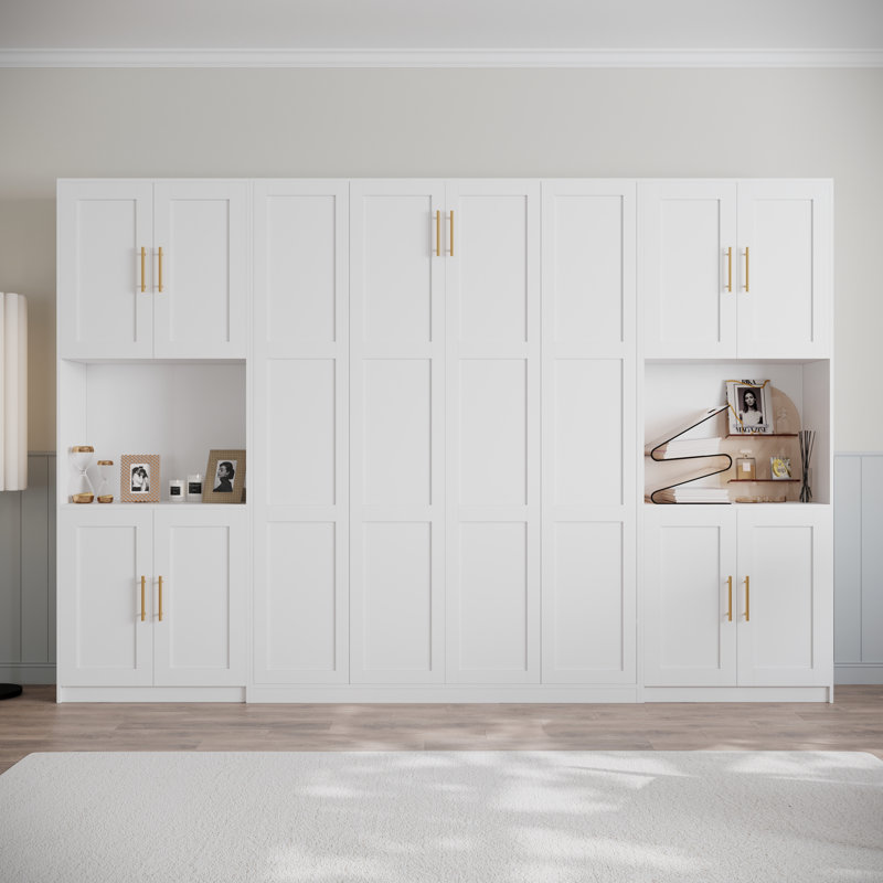 Queen Murphy Bed With Storage Cabinet And Open Shelves, Hidden Foldable Wall Cabinet Bed, White