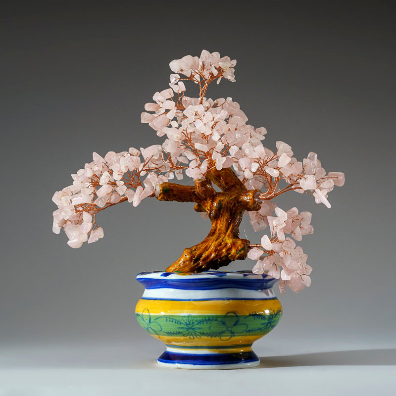 Genuine Rose Quartz Bonsai Tree in Round Ceramic Pot (8.5")