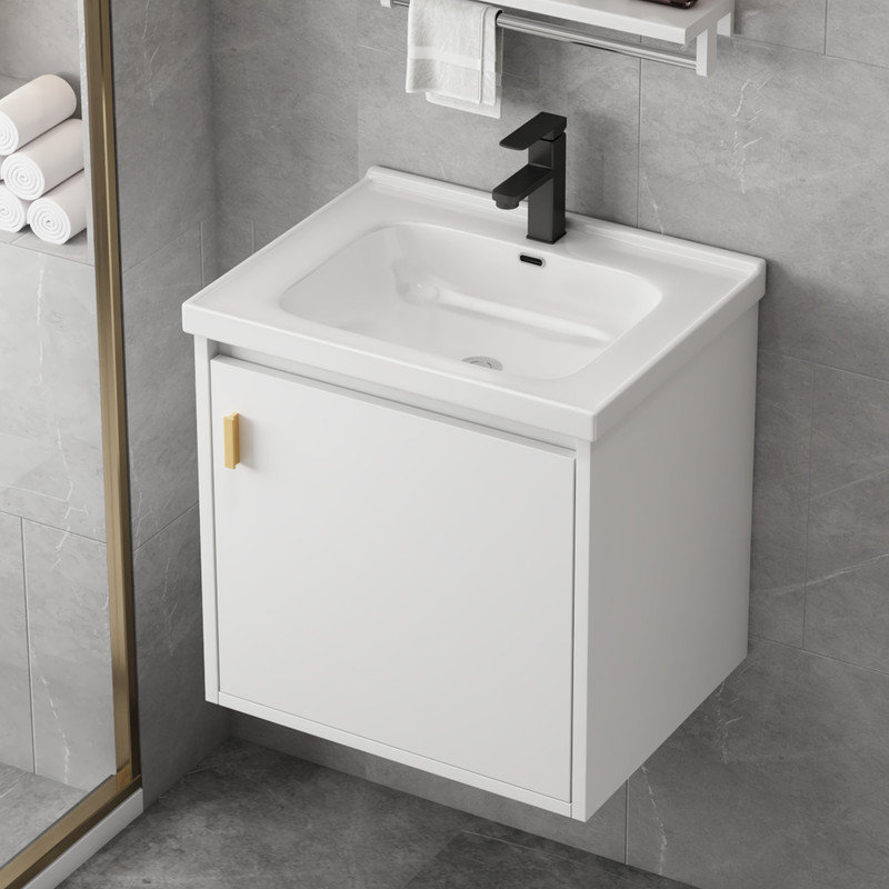 Meuble-lavabo de 20 po avec lavabo, petit meuble-lavabo mural avec porte flottante moderne, drain escamotable, siphon inclus (sans robinet)