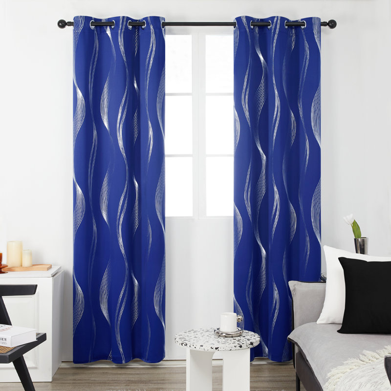 Spurgh Sliver Wave Foil Print Blackout Thermal Grommet Curtain Panels (Set of 2), 42" W x 54" L, Royal Blue