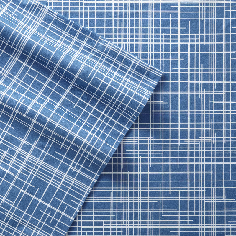Micro Flannel® Printed Deep-Pocket Sheet Set, Queen Sheet Set with 2 Pillowcases, Blue Geometric