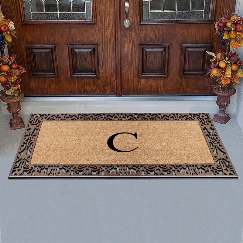 Dyari Natural Coir & Rubber Paisley Border Monogram Non-Slip Door Mat, 30"x60", Bronze, Heavy-Duty Low-Profile Outdoor Front Porch