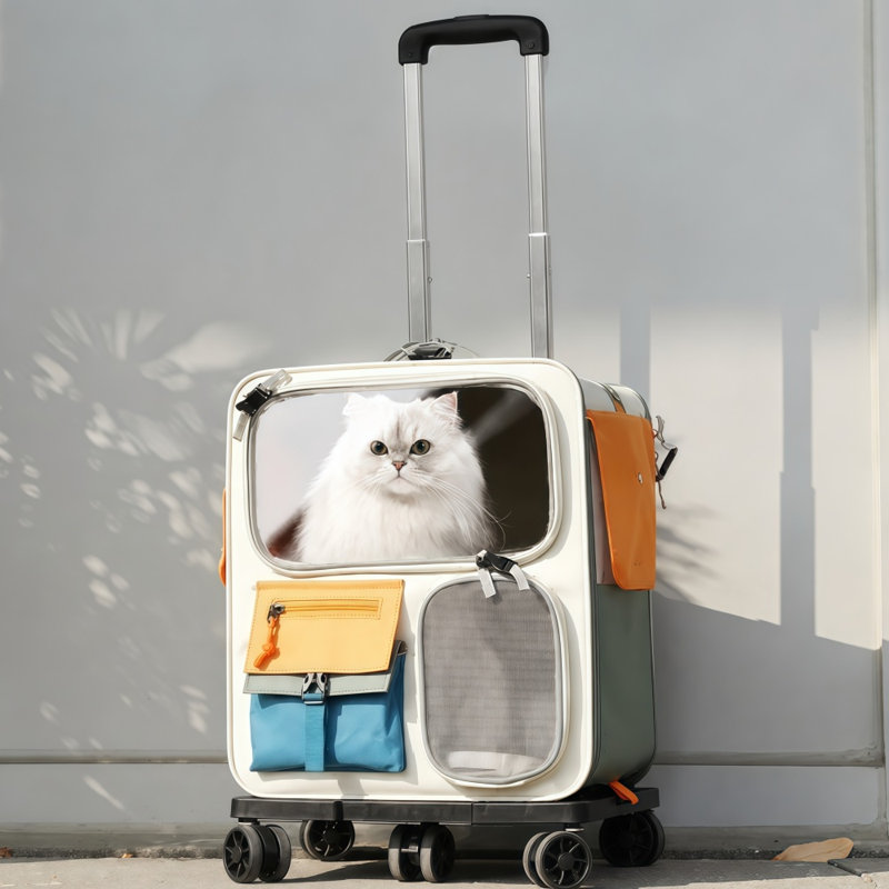 Sac à dos de transport pour animaux de compagnie à grande capacité pour plusieurs chats et petits chiens, bagage de fenêtre transparent et respirant pour animaux de compagnie en été, cage de transport portable polyvalente pour animaux avec base roulante amovible pour les promenades en plein air et les longs voyages