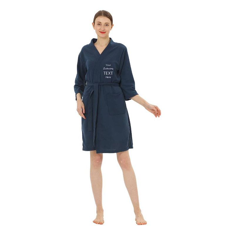 Peignoir en microfibre gaufré unisexe au-dessus du genou avec poches, L, Bleu marine, Oui