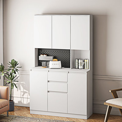 Armoire garde-manger de 74 po avec station de charge, buffet autoportant avec tiroir et garde-manger moderne avec support pour micro-ondes