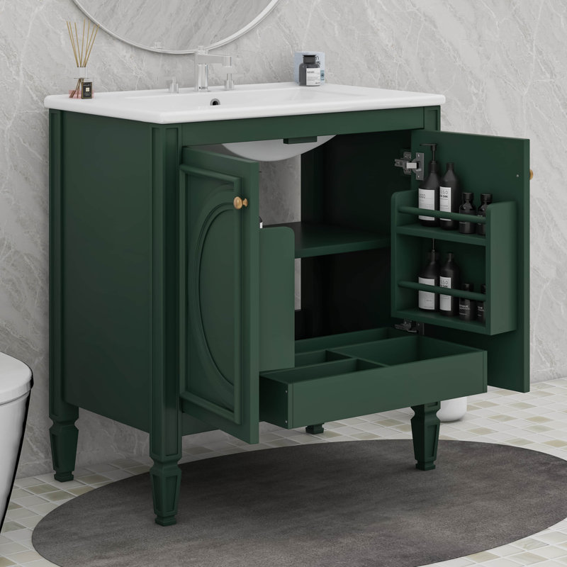 Meuble-lavabo 30 po avec lavabo en céramique, tablettes réglables, armoire de rangement avec organisateur de porte à 2 niveaux, 1 tiroir