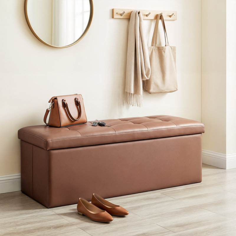 43" Folding Storage Ottoman Bench, PU Leather Footrest Footstool End of Bed Bench with Padded Seat, Brown