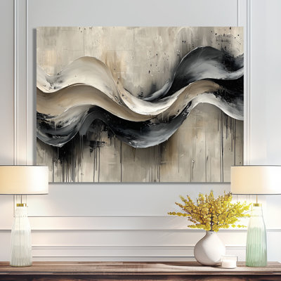 Grey On White Rhythmic Drizzle Ink River IV - Abstract Modern Waves Wall Art