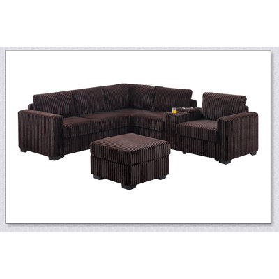 Ensemble de canapé d'angle contemporain 4 pièces en forme de L avec porte-gobelet USB, dossier rembourré et pouf cocktail pour salons modernes