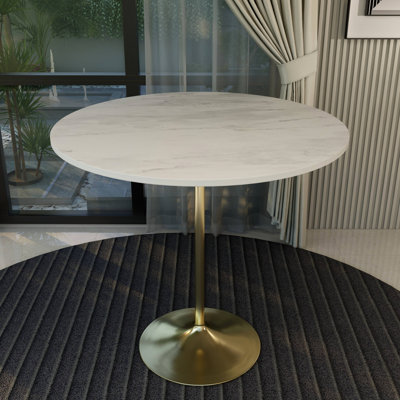 Table de salle à manger Heatherton à hauteur de bar ronde de 36 po avec plateau en pierre frittée et piédestal en acier inoxydable doré pour 2 à 4 personnes