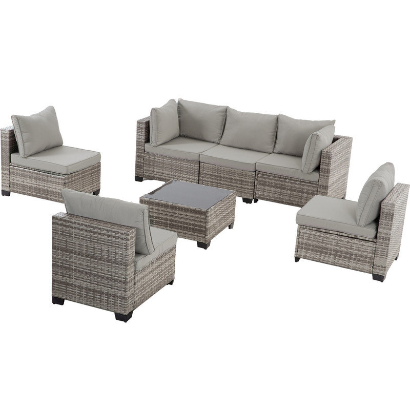 Ensemble de canapé modulaire en rotin 7 pièces avec conversation et coussins épais et table en verre