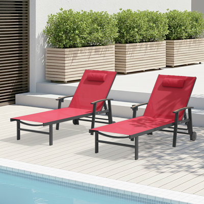 Outdoor Patio Chaise Lounge Set Of 2 With Wheels And Armrests