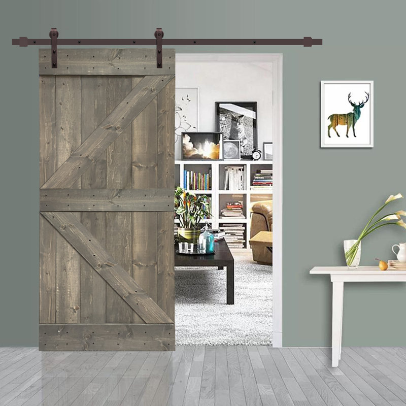 Porte de grange en panneau de bois et métal peint avec ensemble de quincaillerie d’installation, 42 po x 84 po, Gris patiné