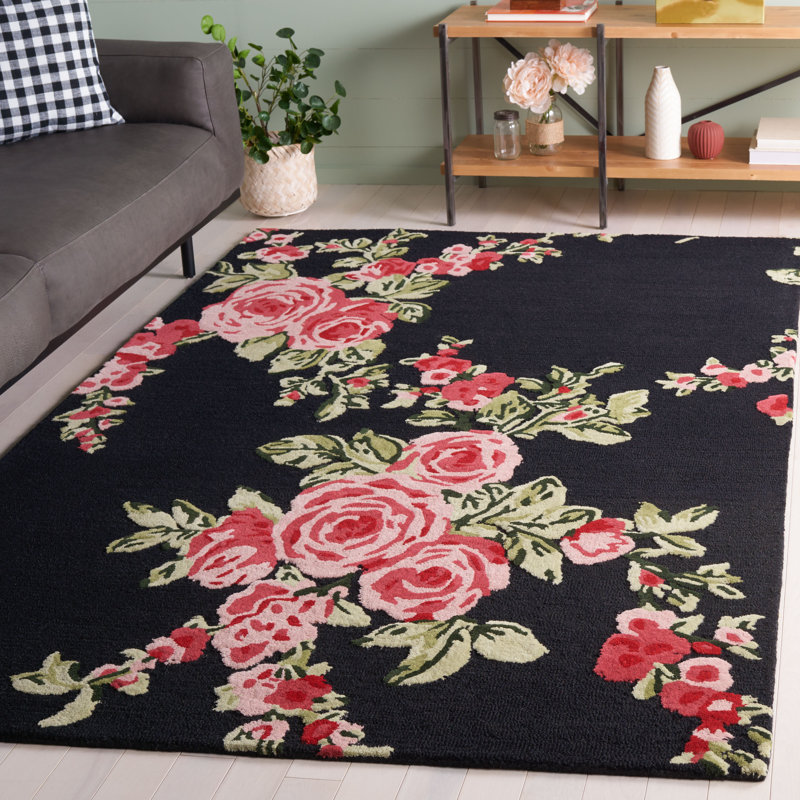Handmade Black and Pink Wool Floral Tufted Rug 4' x 6'