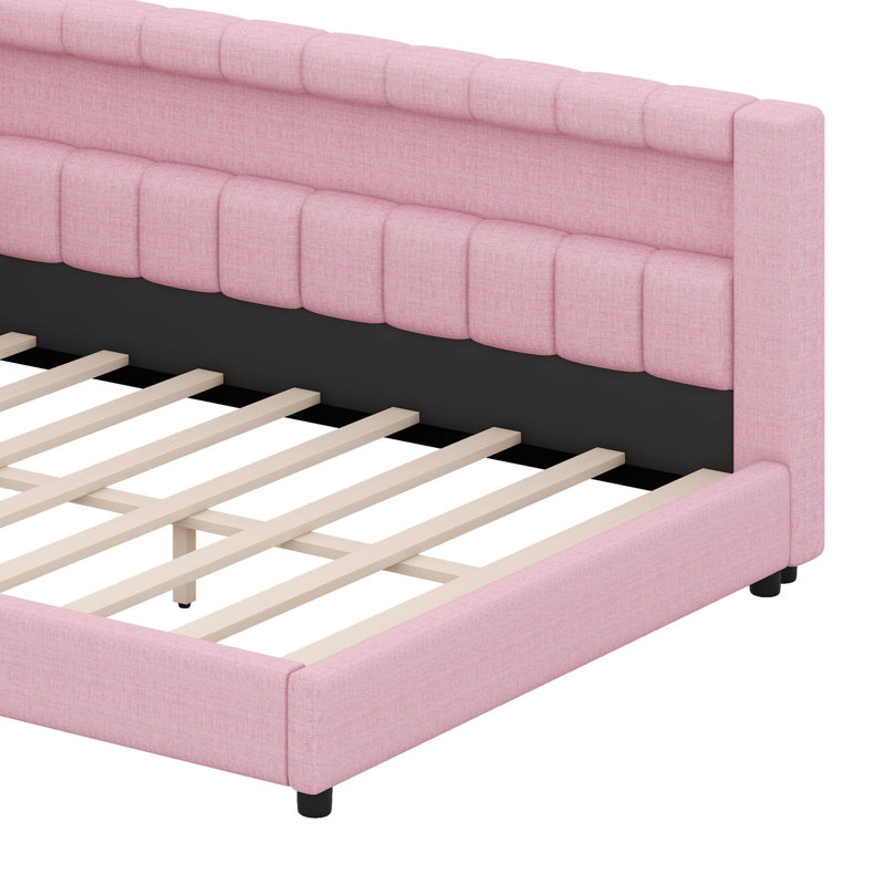 Upholstered Daybed With Storage Headboard, L-Shaped Corner Bed Frame With Charging Station & LED Lighting, Full XL, Pink