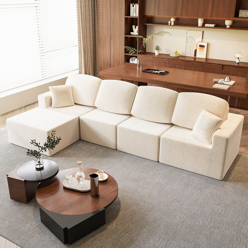Boneless L-Shaped Modular Sectional Couch, Cloud U-Shaped Sectional Sofa with Wide Armrest, Beige Corduroy