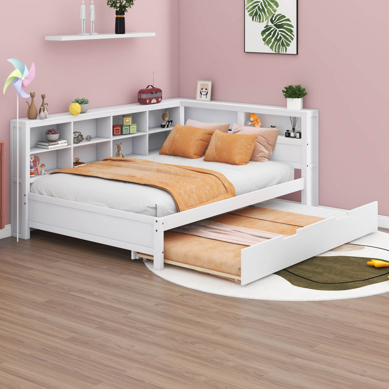 Daybed With Trundle, Shelf And USB Charging Ports, White, Full/Double