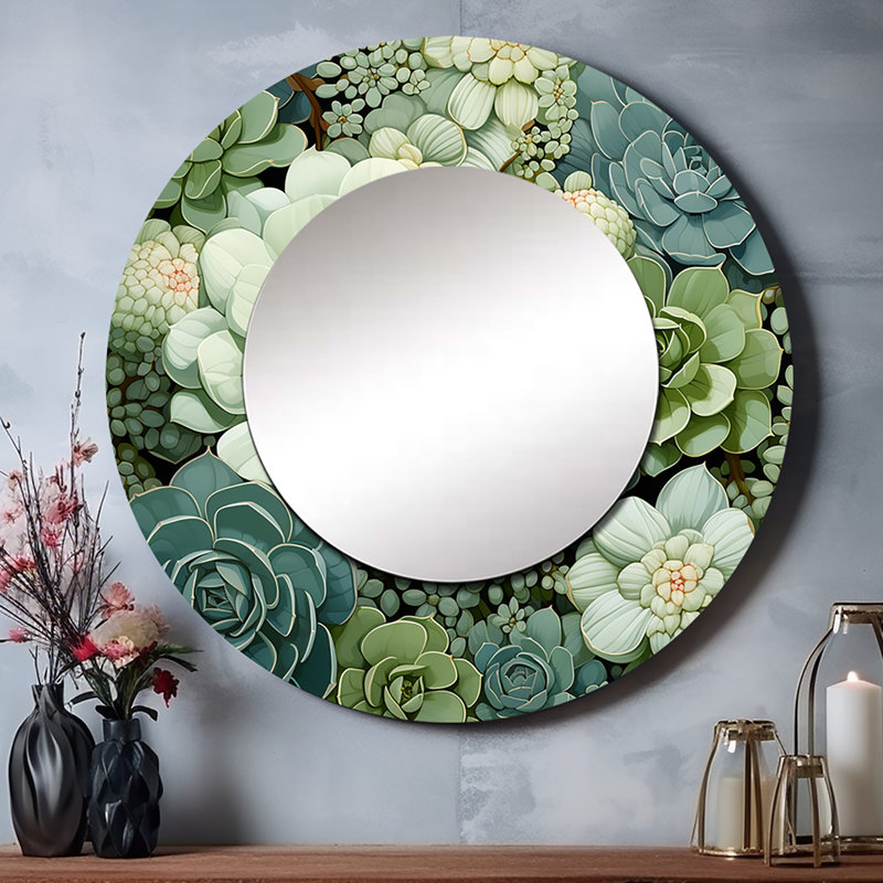 Green Succulents Flowers Serene Succulents IV - Succulent Decorative Mirror, Traditional Wall Mirror, Printed Metal Art